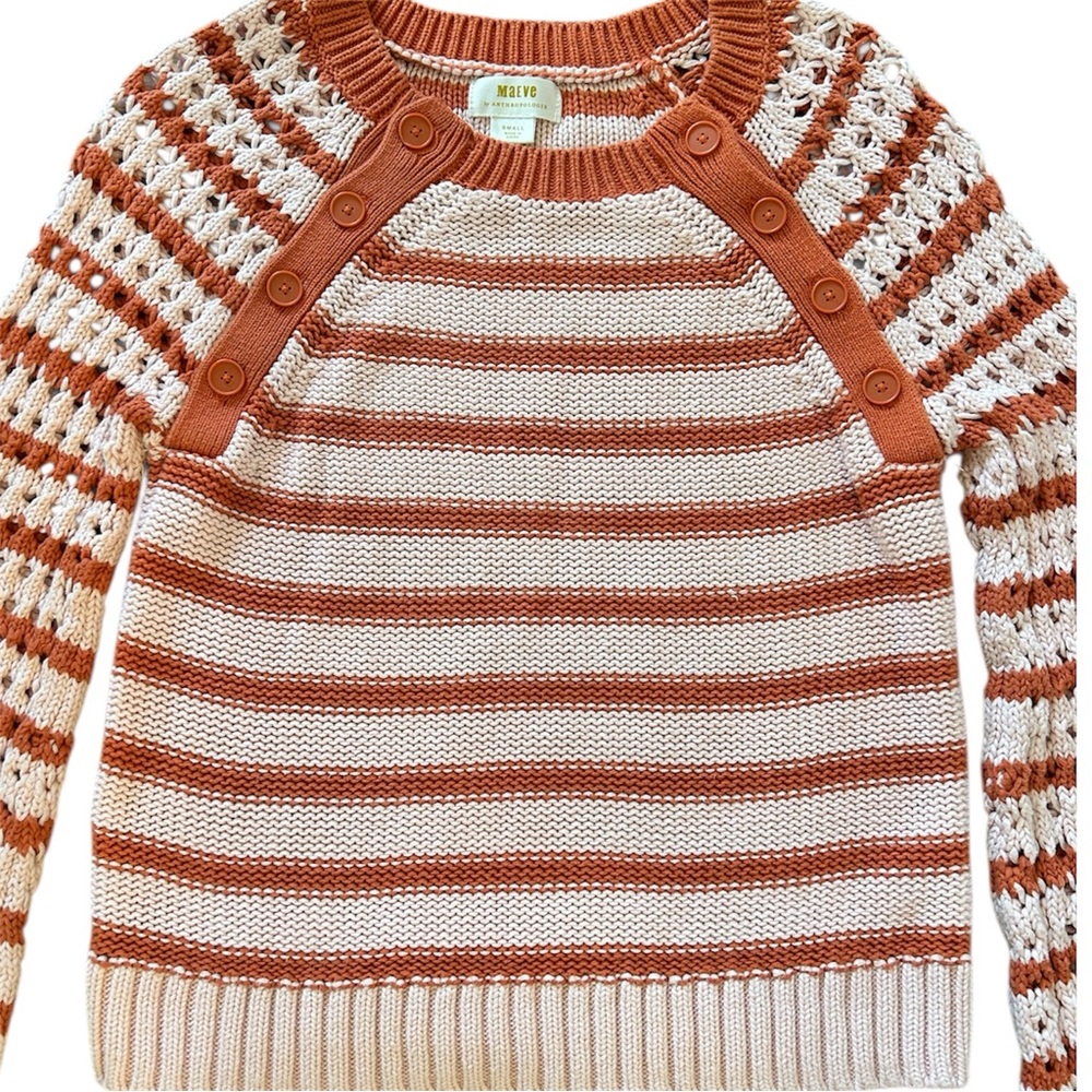 Maeve Anthropologie Eva Sweater Cozy Crochet Knit Bell Sleeve Cheery Coral Small